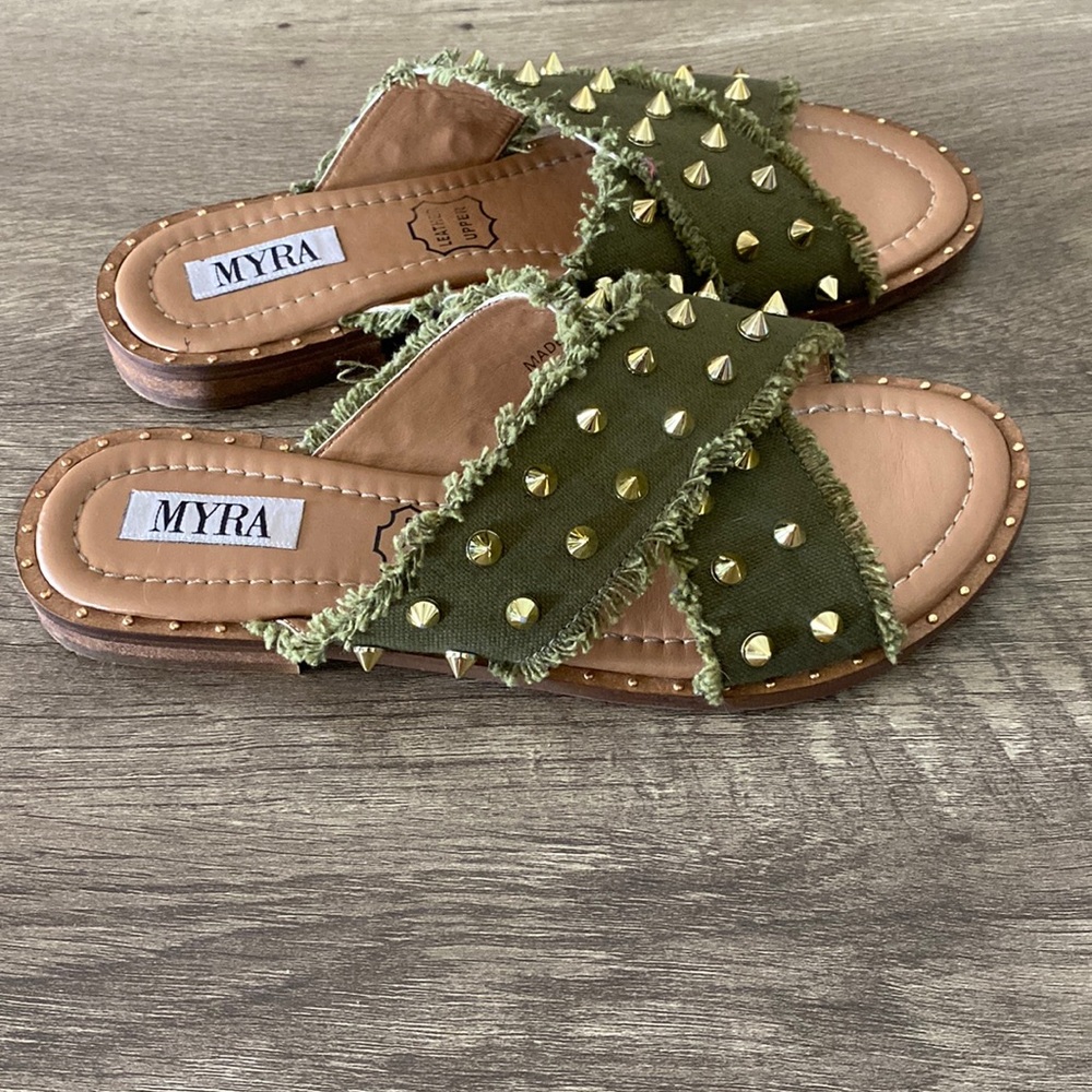 Myra Bag Olive Green Studded Slide Sandals